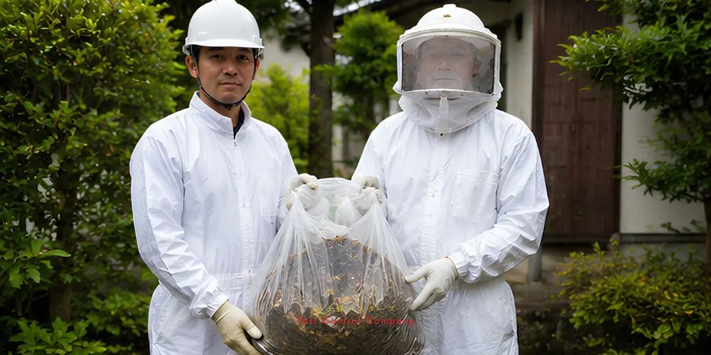 武蔵村山市で駆除後の蜂の巣を袋に入れて回収する作業員