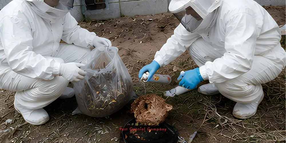 武蔵村山市で駆除後の蜂の巣を確認しながら再発防止作業を行う作業員