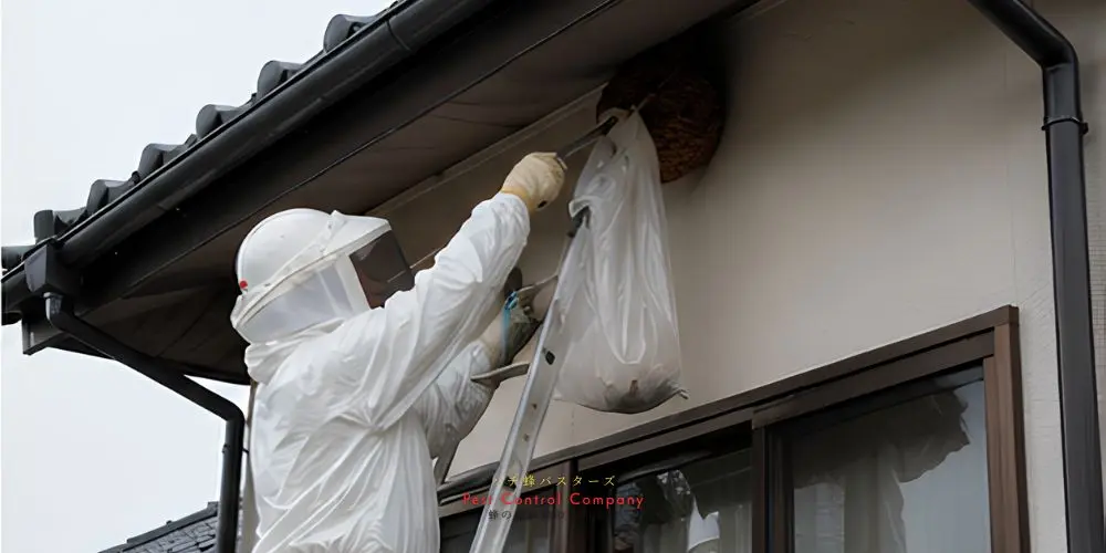 武蔵村山市の住宅軒下にできた蜂の巣をはしごで駆除する作業員