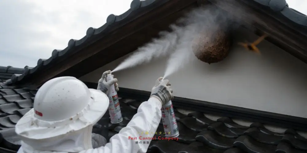 武蔵村山市の住宅軒下にできたスズメバチの巣へ薬剤を噴射する作業員