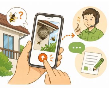 蜂の巣の写真をLINEやフォームから送って相談する流れを表すイラスト