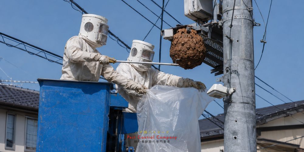 八王子市元八王子町で電柱付近のスズメバチの巣を高所作業で駆除