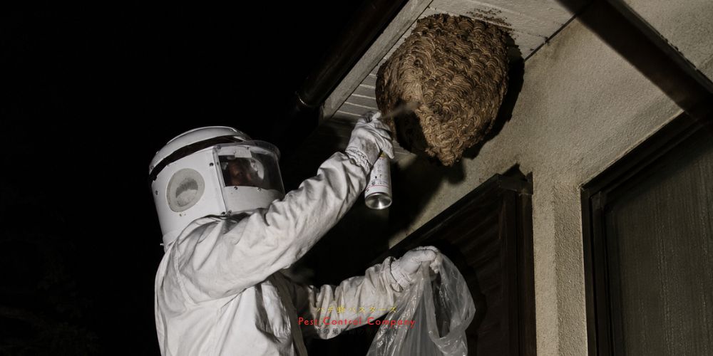 八王子市七国で夜間にスズメバチの巣を駆除する防護服姿の作業員