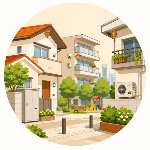 東京都内の戸建て・マンション・緑地周辺など建物環境によって蜂の巣ができやすい場所を表すイラスト