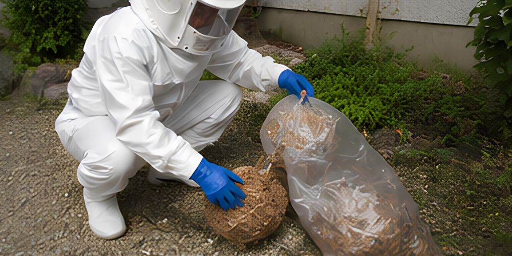 東京で回収したスズメバチの巣を確認する防護服姿の作業員