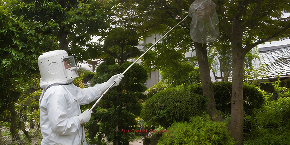 東京の庭木にできたスズメバチの巣を長い器具で駆除する作業員