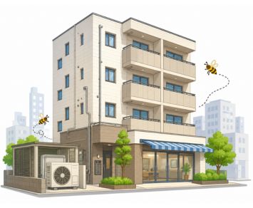 東京23区などのマンション・ビル周辺で蜂が外壁や共用部・設備まわりに出入りするイメージ