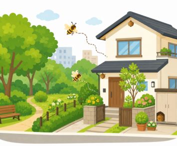 東京都内の公園・緑地・庭木の多い住宅地で蜂の巣ができやすい場所を表すイラスト