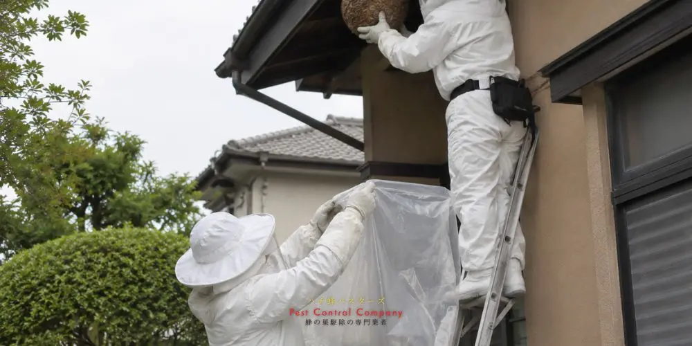 あきる野市の住宅外壁にできた蜂の巣を慎重に撤去