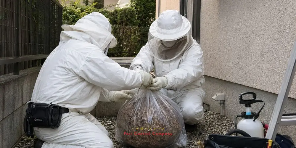 あきる野市で回収した蜂の巣を袋詰めする作業