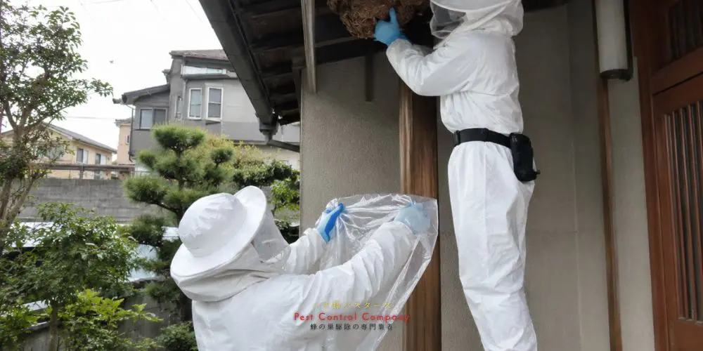 福生市の庭木まわりで行う蜂の巣確認作業