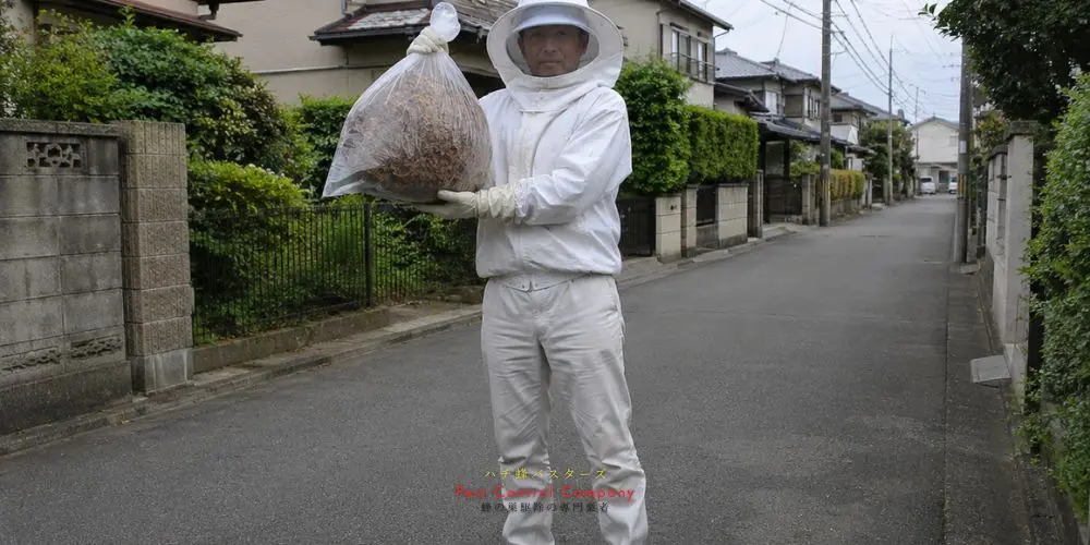 東村山市の住宅側面で行う蜂の巣駆除作業
