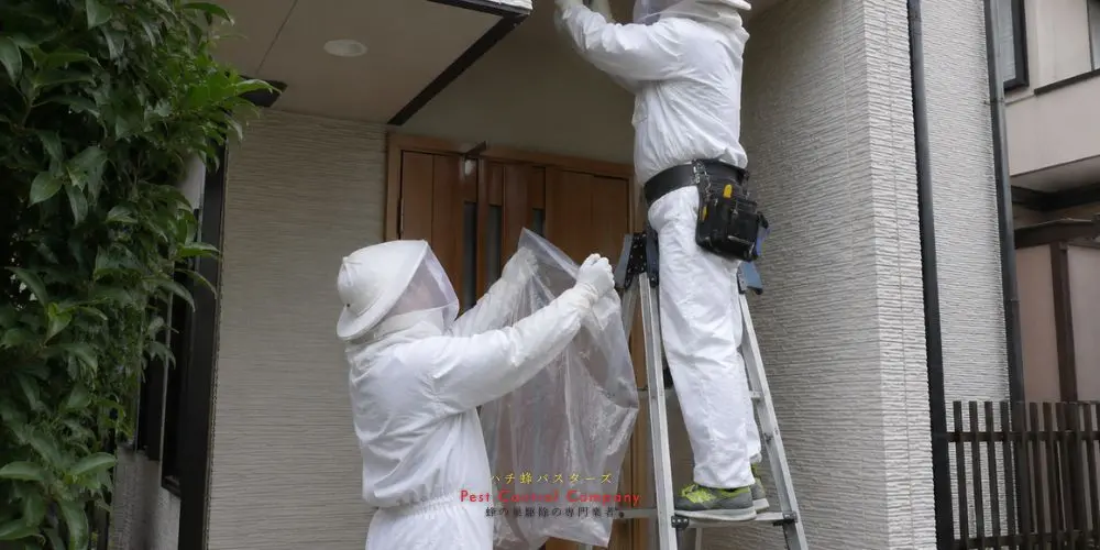 東村山市の蜂の巣を回収袋で受け止める作業