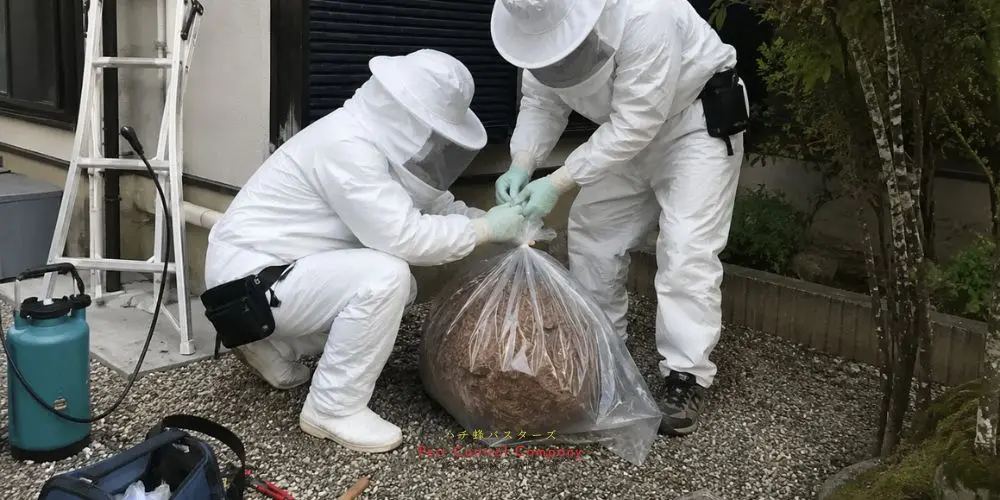 稲城市の軒下にできた蜂の巣を二人で回収する作業