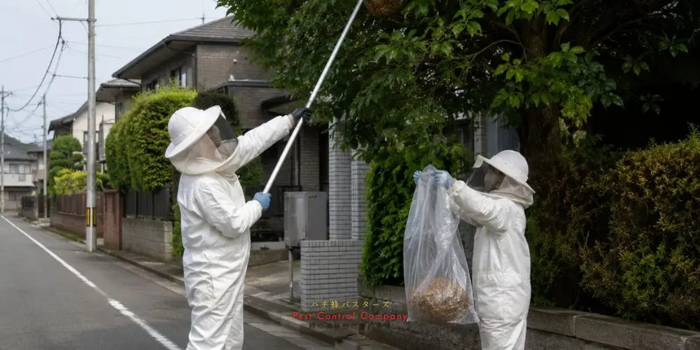 国分寺市の庭木にできた蜂の巣を高所作業で駆除