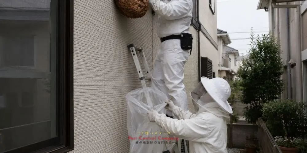 三鷹市の軒下にできた大型蜂の巣を取り外す作業